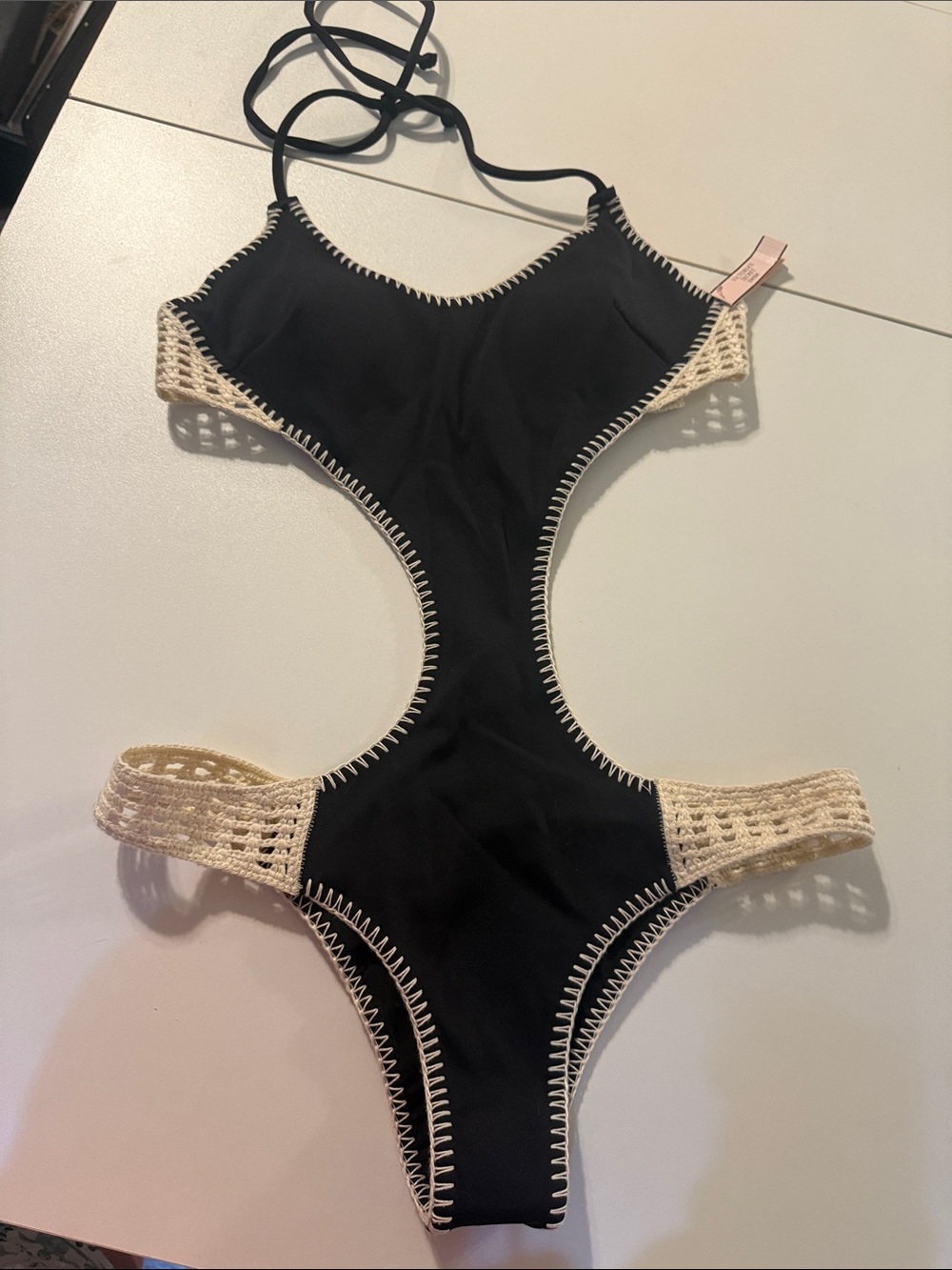 Victoria's Secret Black One-Piece Swimsuit with Cream Crochet Trim